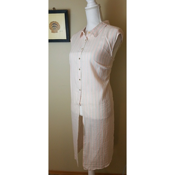 Extra Long Tunic Button Up Sleeveless Stripes - Picture 2 of 2